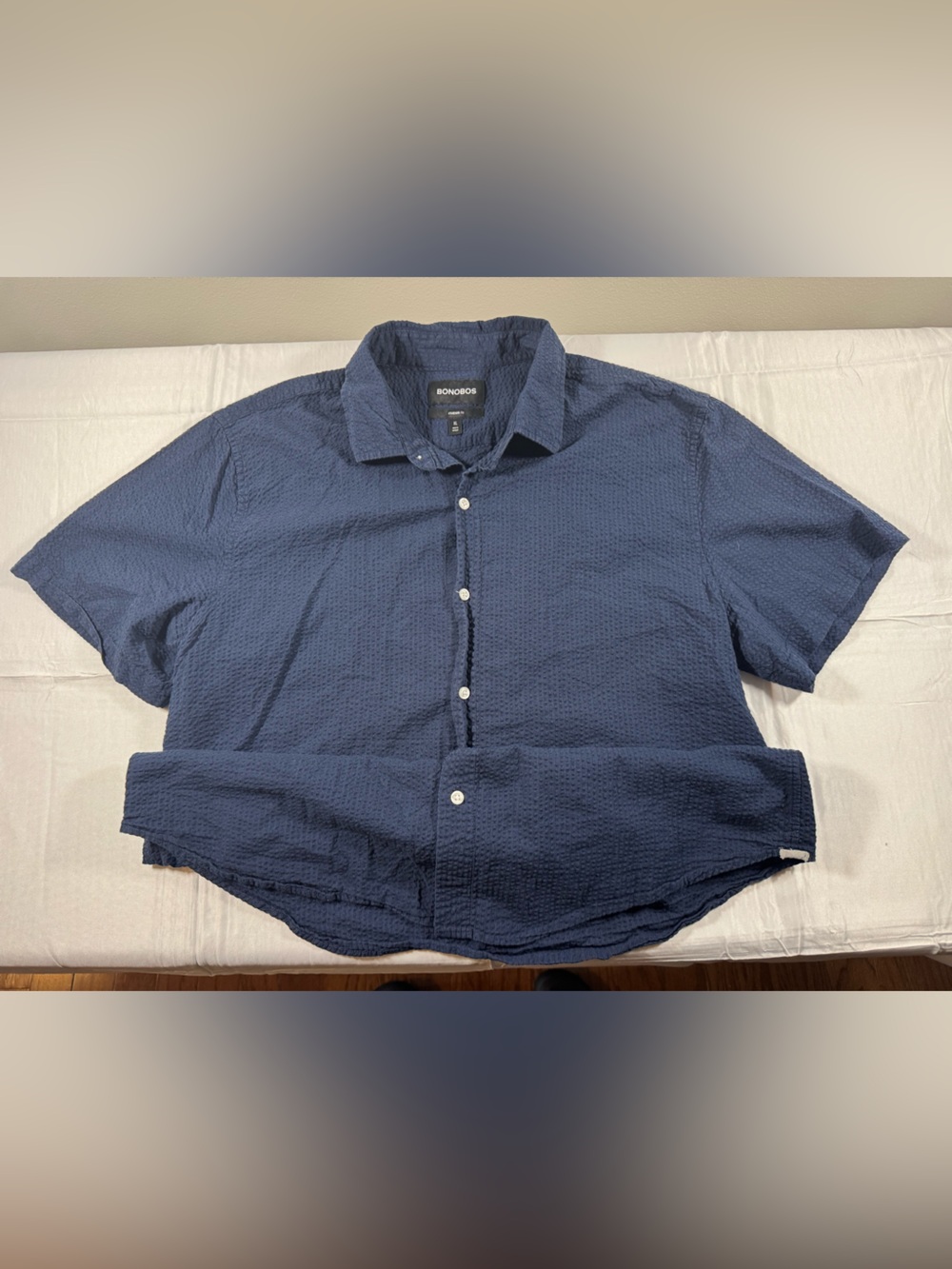 Bonobos Navy Short-Sleeve Textured Button-Down Shirt. 100% Cotton